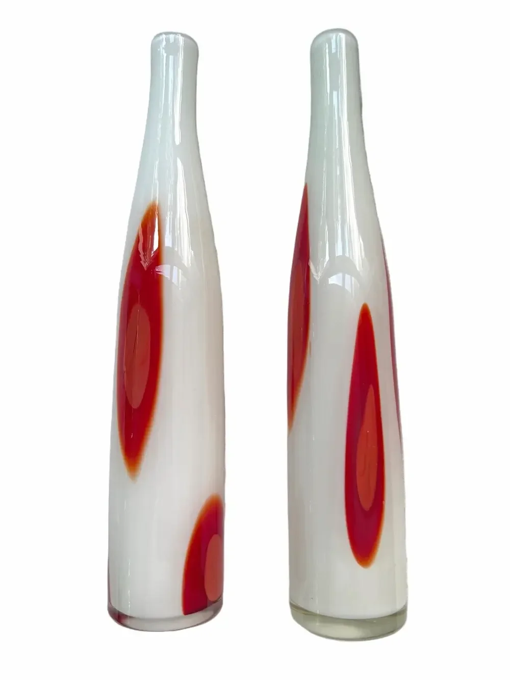 2 Vintage Murano Hand-Blown Art Glass Vases White Base Red Pulled Cane Dots